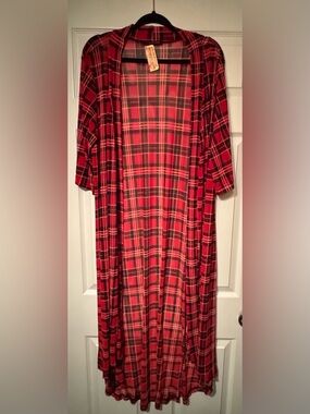 NWT Crazy Train One Size Red and Black Plaid Open Long Duster w/ scoop bottom